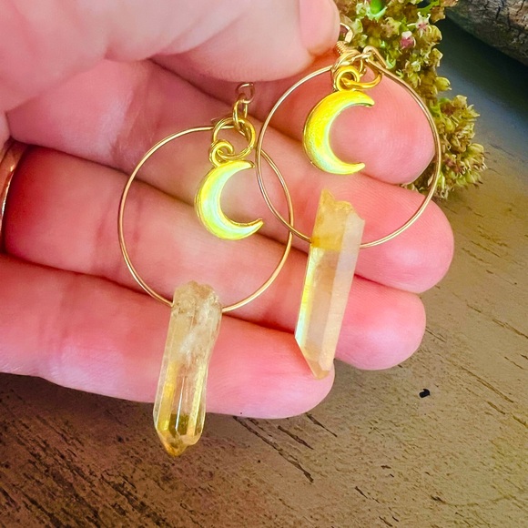 Gold Crescent Moon and Crystal Quartz Earrings Handmade - Picture 2 of 3